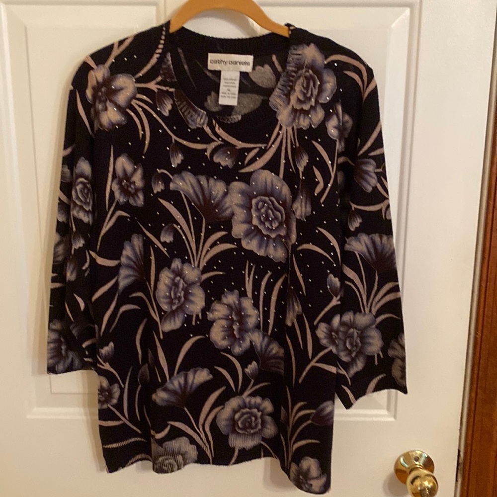 Sweater, black, blue, beige.  Small  Rhinestones over the front of the sweater..